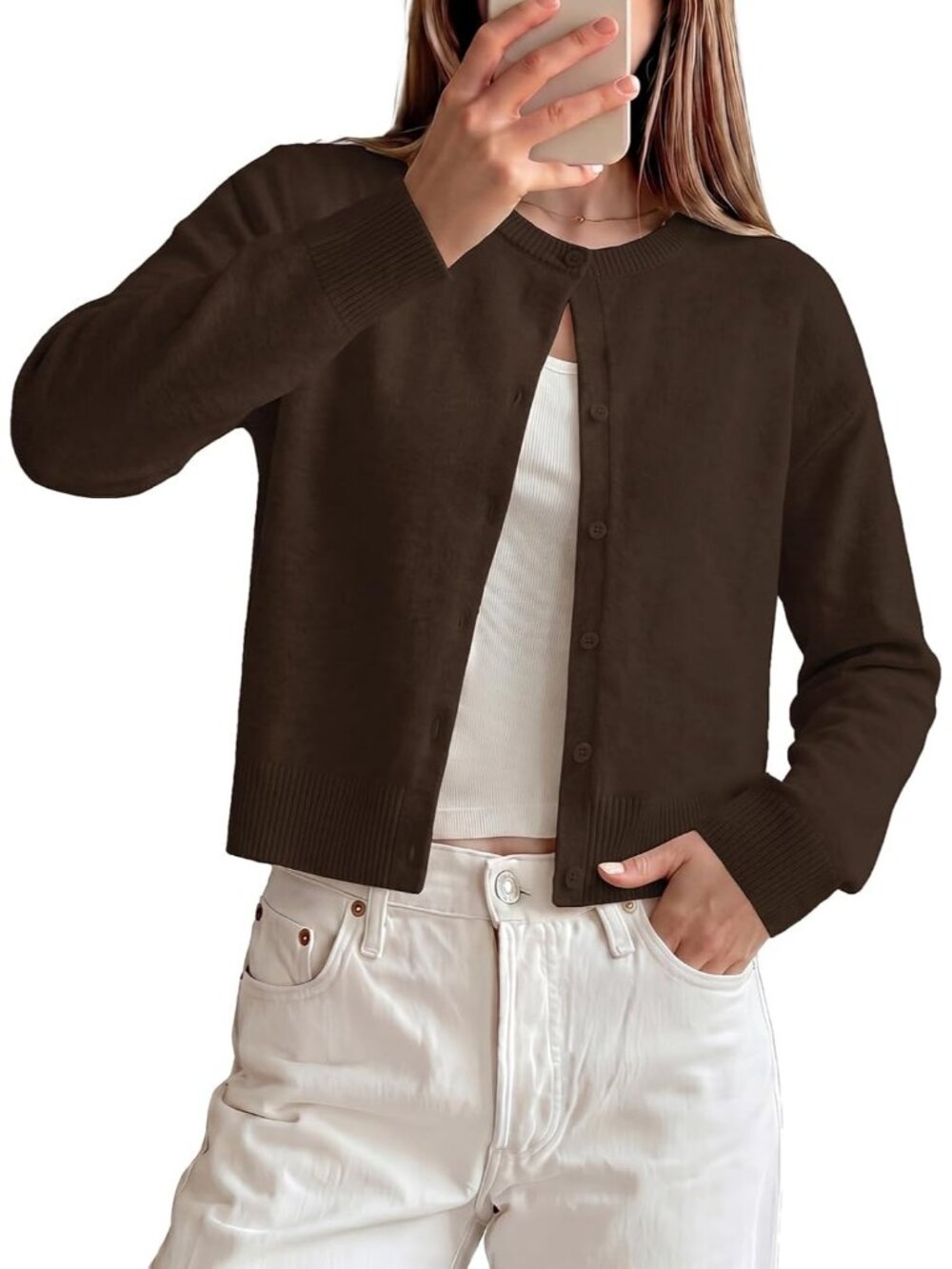 🆕Women's Coffee Cropped Knit Cardigan Sweater Crew Neck Button Front Jacket